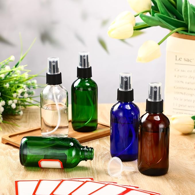 Fumete 36 Pcs Glass Spray Bottles 4oz Fine Mist Glass Spray Bottle Refillable Liquid Containers with 6 Labels 6 Funnel for Hair Travel Plants Cleaning Solutions Skin Care(Multicolor,Classic)