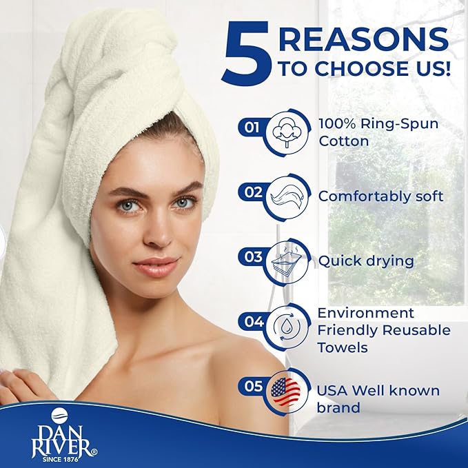 DAN RIVER 8 PC Luxury Bath Towels for Bathroom, 2 Bath, 2 Hand, and 4 Wash Cloths, 600 GSM 100% Ring Spun Cotton Towel Set, Highly Absorbent, Gym, Hotel, and Spa, Ivory