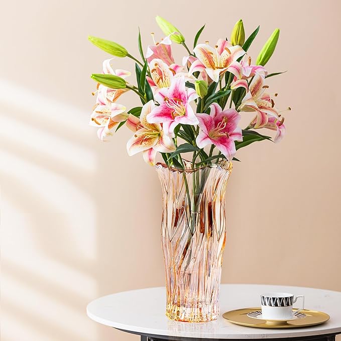 Glass Vase for Flowers, Gold Amber Clear Glass Vases for Centerpieces, Crystal Vase for Home Table Flower Decor 9.1 inches Tall