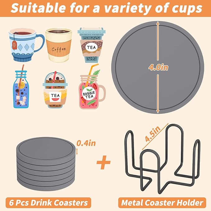 Azhou 6Pcs Super Absorbent Coasters with Holder, Diatomaceous Earth Coaster with Soft Velvet Base, 4 inch Grey Coasters for Drinks, Thick Heavy Duty Stone Coaster, Home Decor Coffee Bar Accessories