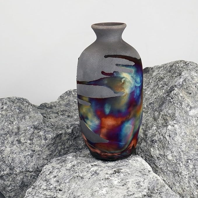 RAAQUU Koban Vase 7" - Handmade Raku Ceramic with Water Tube - Carbon Copper Matte Finish - Modern Boho Home Decor for Living Room, Bedroom, Office - Housewarming Gift - Artisan Pottery