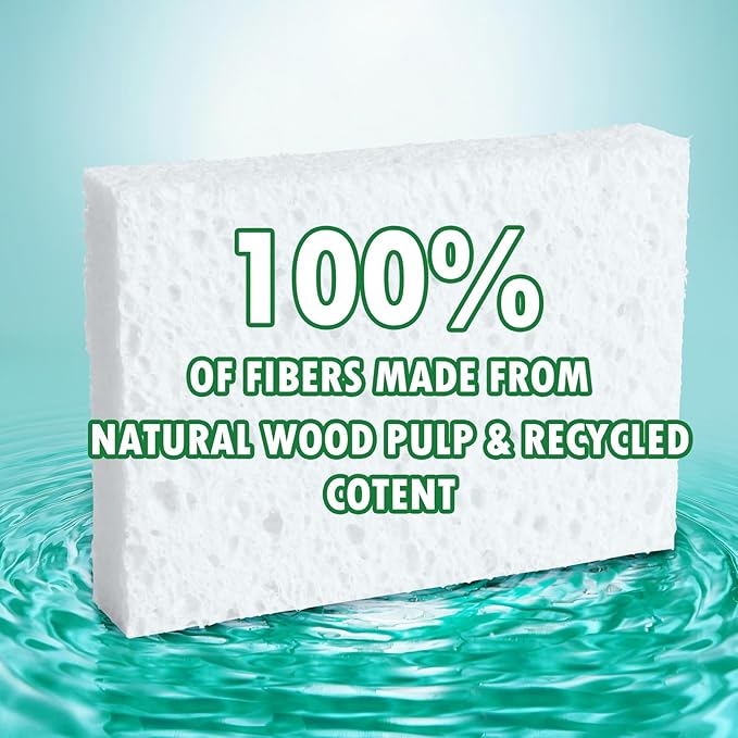 White Plant Based Kitchen Sponges, 24 Count, Dehydrate Cellulose, Natural Organic, Non-Scratch, Recycled Bio-Based, for Dishes and Countertop, Household Cleaning