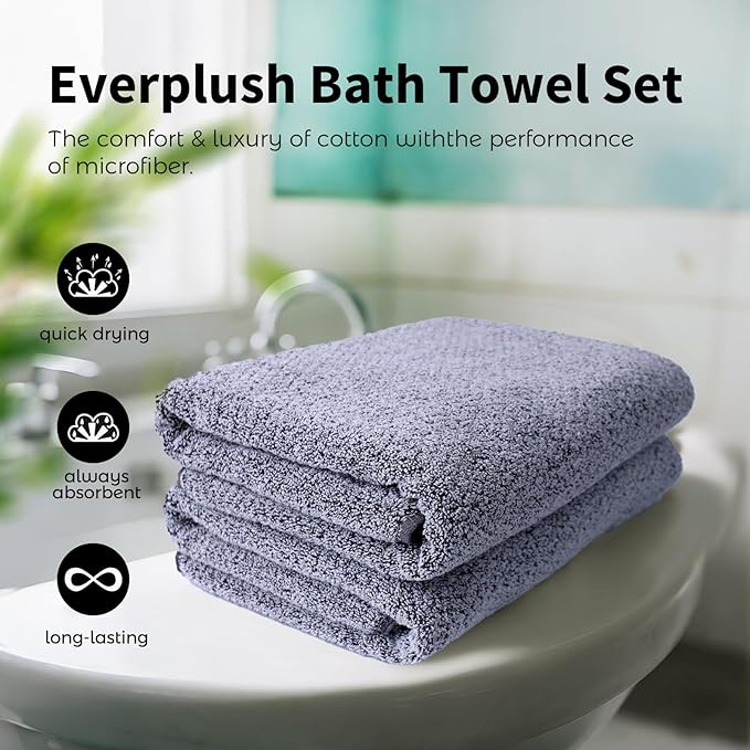 Everplush Oversized Bath Towel – 2 Pieces, Super Soft & Highly Absorbent, Quick-Drying, Generously Sized & Thick. Perfect for Bathroom, Pool, Swimming Use. (Grey, 30" x 56" 2PK)