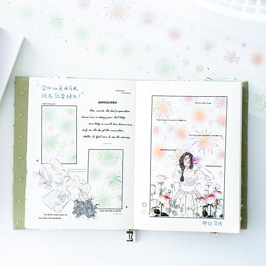 Fireworks PET Tape Set, 4 Rolls Pre-Cut Ephemera for Junk Journaling, Scrapbooking, Crafting, DIY Projects, Diaries, and Art Supplies