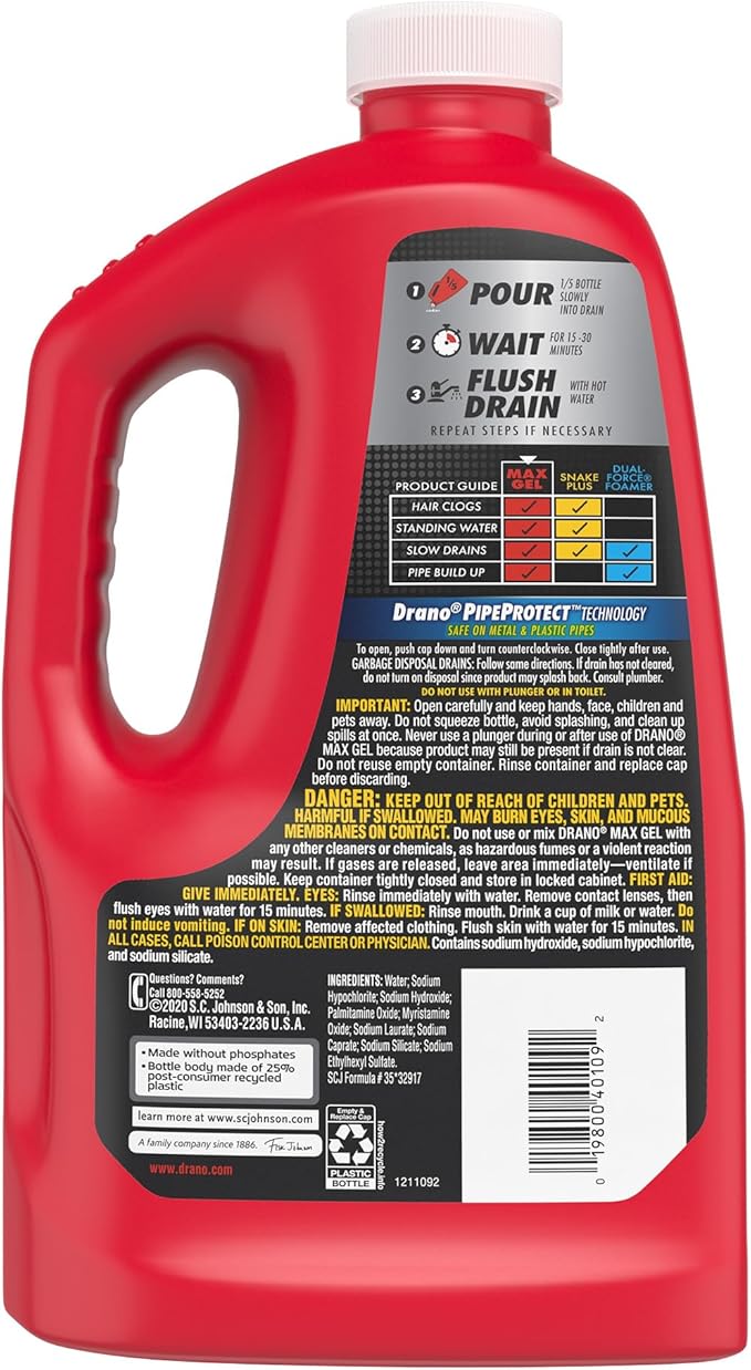 Drano Max Gel Drain Clog Remover and Cleaner for Shower or Sink Drains, Unclogs and Removes Hair, Soap Scum and Blockages, 80 Oz