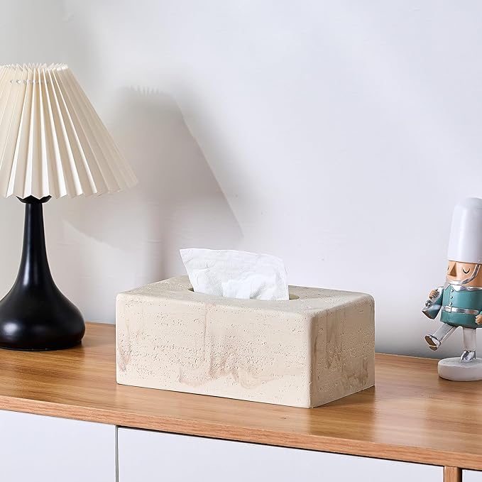 Natural Travertine Textures Tissue Box Cover Rectangular (Only Suitable for Standard Sized Tissue Box) for Decor,Resin Tissue Box for Bathroom Countertop,Bedside,Office（Made of Resin, Height of 4 in