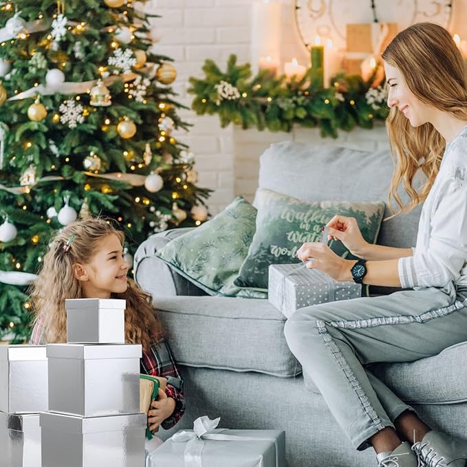 UNIQOOO 5Pcs Metallic Silver Christmas Gift Box Set with Lid, Assorted Size, Silver Square Nested Wedding Keepsake Card Gift Box, Paper Box Tower Organizer For Party, Thanksgiving, Gift Wrap Packaging