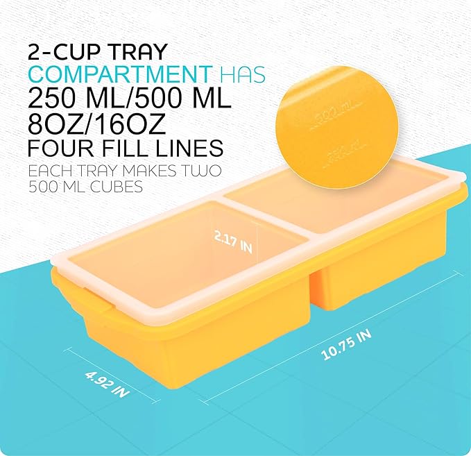 Silicone Freezer Tray With Lid-Soup Freezer Container molds-2-cup Extra Large Ice Cube Tray-makes 4 perfect 500ml portions cubes, For freezing soup,stews,sauces.Oven&Dishwasher-Safe(2-Pack)