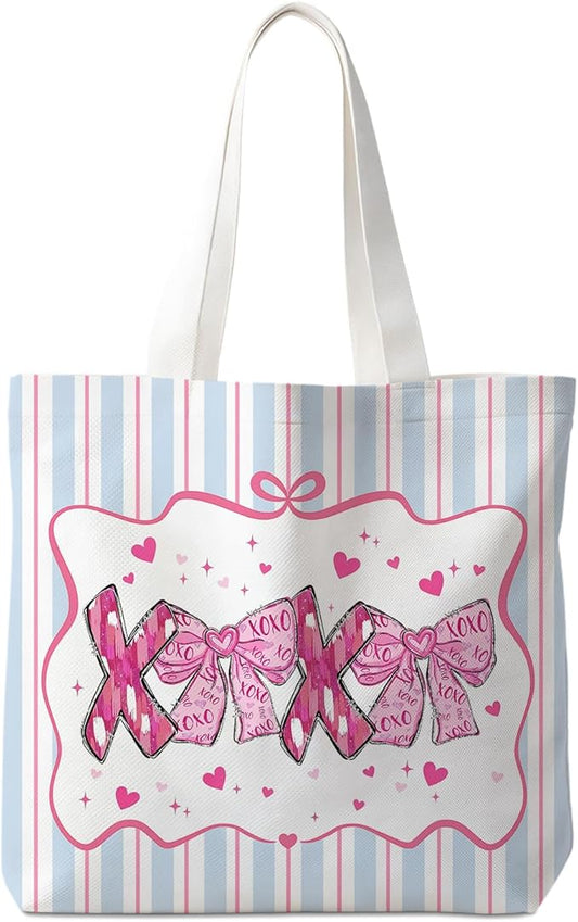 Animals-Flowers-Fruits-Bow Valentines Canvas Heart Tote Bag, Coquette Reusable Shopping Grocery Bags