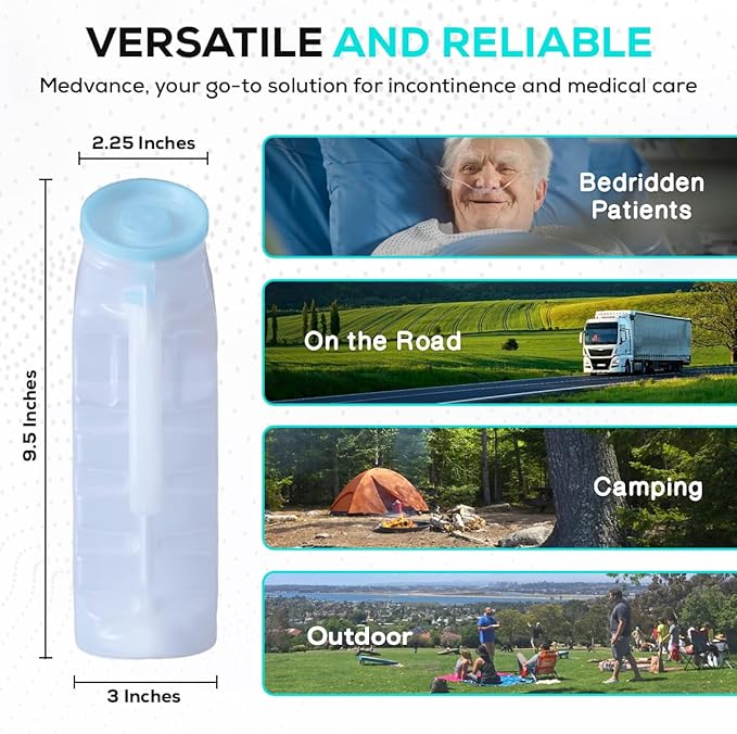 MedVance 1000ml Portable Urinals for Men, 2 Pack – Spill Proof Men's Urinal Bottle w/Glow in Dark & Leak-Proof Lid – Easy-Grip Durable Pee Bottles for Men - Versatile Male Pee Bottle for Elderly Care