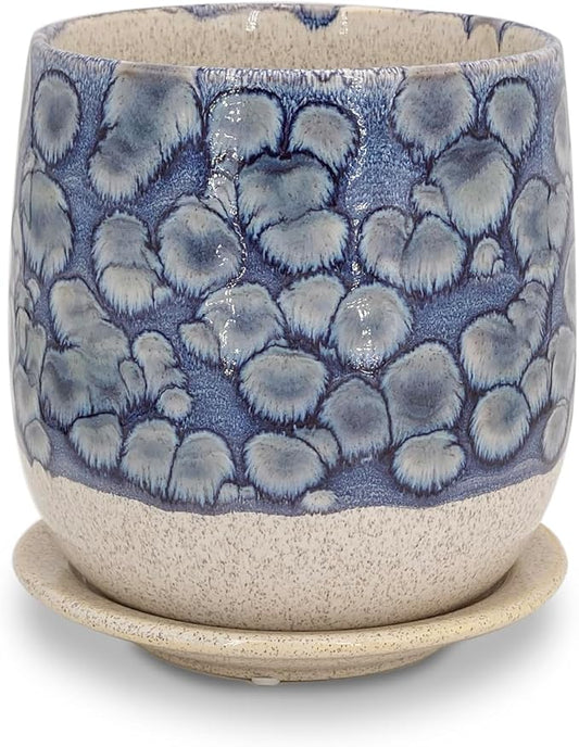 6 in Ceramic Plant Pot with Saucer，Indoor Plant Pot for Plants, Flower Pot with Drainage，Reactive Glaze Blue