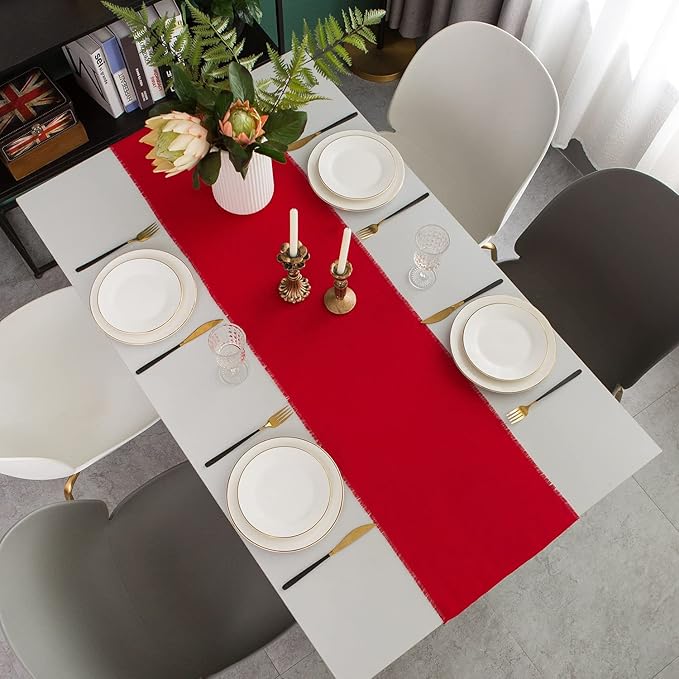 Christmas Table Runner with Fringe- 14x90 Inch Long Red, 100% Pure Linen Christmas Runner for Table, Red Table Runner for Winter – Machine Washable, Handmade