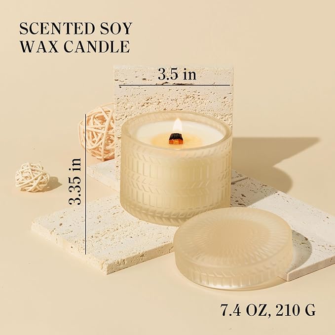 Vanilla Coconut Scented Candle, Crackling Wood Wick Natural Soy Candles Non Toxic, 7.4oz Soy Wax, 55 Hours Clean Burn Long-Lasting Scented Candles Gift for Women,Relaxing,Home Scented