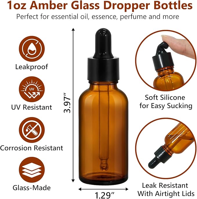 KEYWING 60 Pack 1oz Eye Dropper Bottles – 30ml Leakproof Amber Glass Bottles for Essential Oils, Tinctures, Hair Oil, Travel Liquids