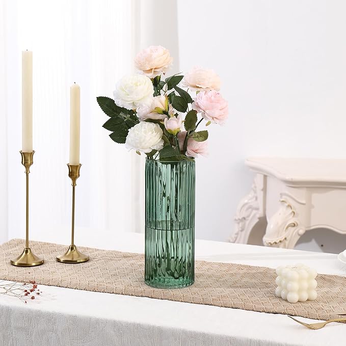 Green Glass Vase, Glass Flower Vase, Ribbed Glass Vase, Green Vase, Tall Cylinder Glass Vases for Centerpieces, Living Room, Bedroom, Dining Table, Office, Wedding, Bookshelf, 10 Inches