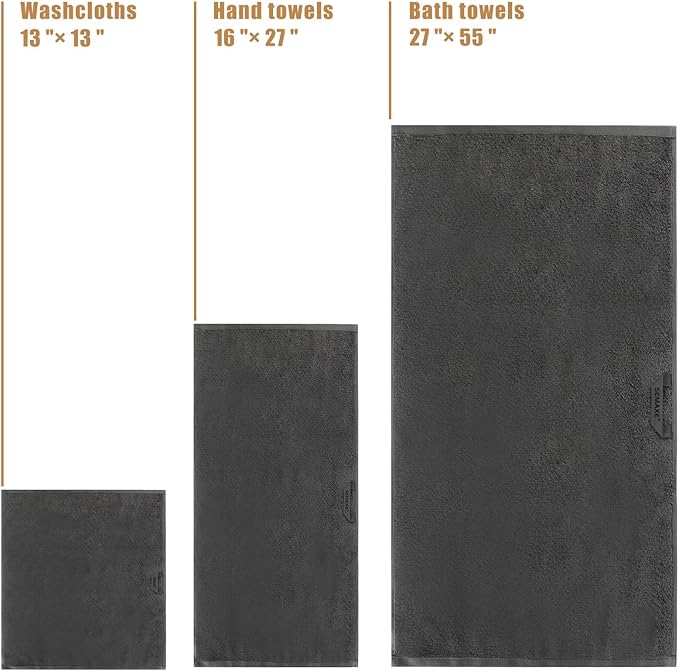 SEMAXE 18-Pack Bath Towel Set Include 6 Bath Towels, 6 Hand Towels, 6 Wash Cloths, 100% Cotton Bathroom Towels with Hanging Loops and Nano-Bio Lifecycle Labels, Soft and Absorbent Towel, Grey