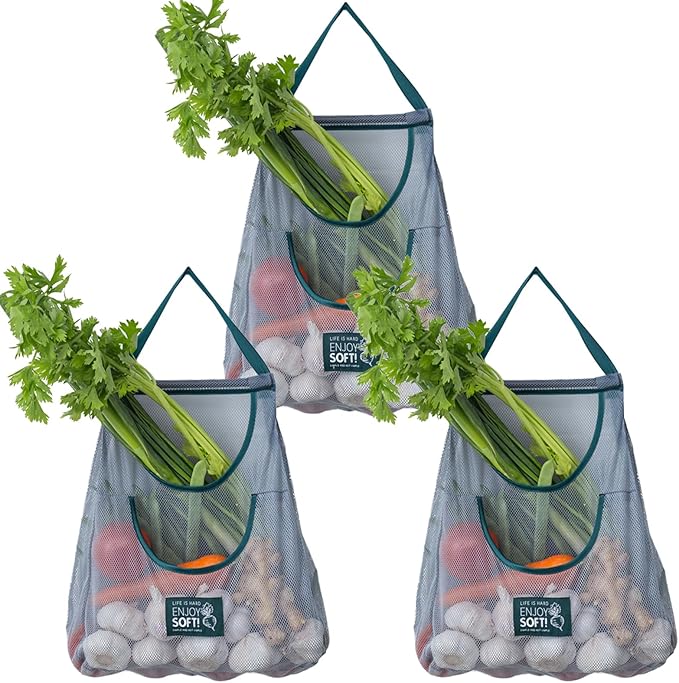 3pcs Hanging Mesh Storage Bags Reusable Produce Bags Dual Pocket Net Bag for Kitchen Fruit Vegetable Garlic Onion Potatoes Tomatoes Storage Bags
