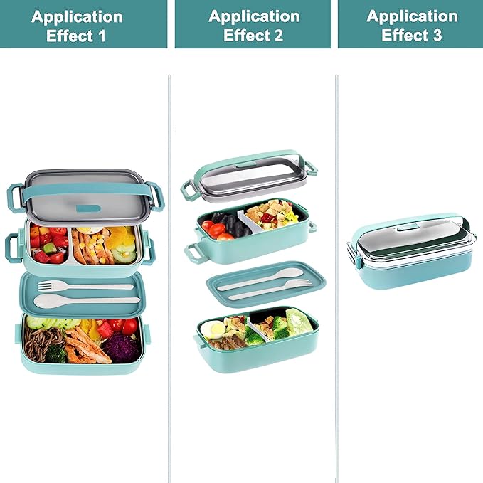 Bento Lunch Box for Kids Women Men, 47oz 2-Compartment Snack Salad Metal Food Prep Pack Container for Lunch, Stainless Steel 2 Layers Stackable Lunch Containers with Lids for Adults and Teens Green