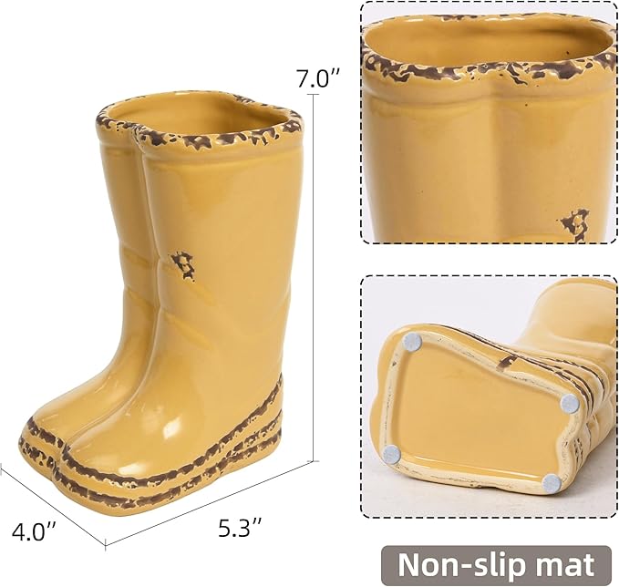 Quoowiit Ceramic Rustic Farmhouse Boot Vase, Yellow Distressed Flower Vase for Home Decor, Decorative Vases for Centerpiece Table Decorations, Vases for Living Room Kitchen Entryway Mantle Shelf Decor