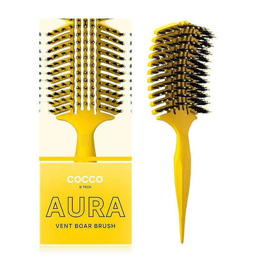 COCCO Aura Vent Boar Brush | Vented Dual-Curved Design for Faster Drying, Effortless Detangling & Shine, Boar + Nylon Bristles, Ergonomic Comfort Handle for Wet & Dry Hair Styling - Yellow