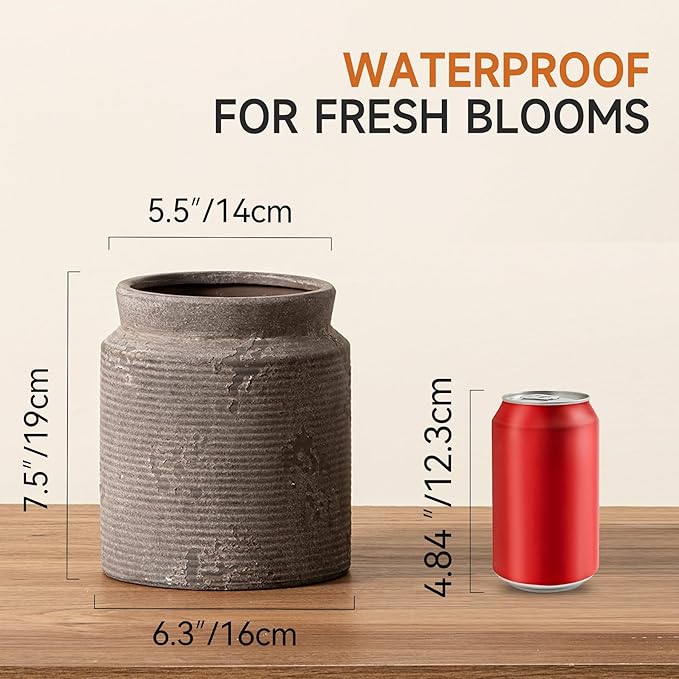 Ceramic Flower Vase 7.5 inch Farmhouse Rustic Vase for Home Decor Handcrafted Pottery Terracotta Vases for Dining Table Decor Fireplace Living Room Bathroom Wedding Centerpiece (01-Dark Brown)