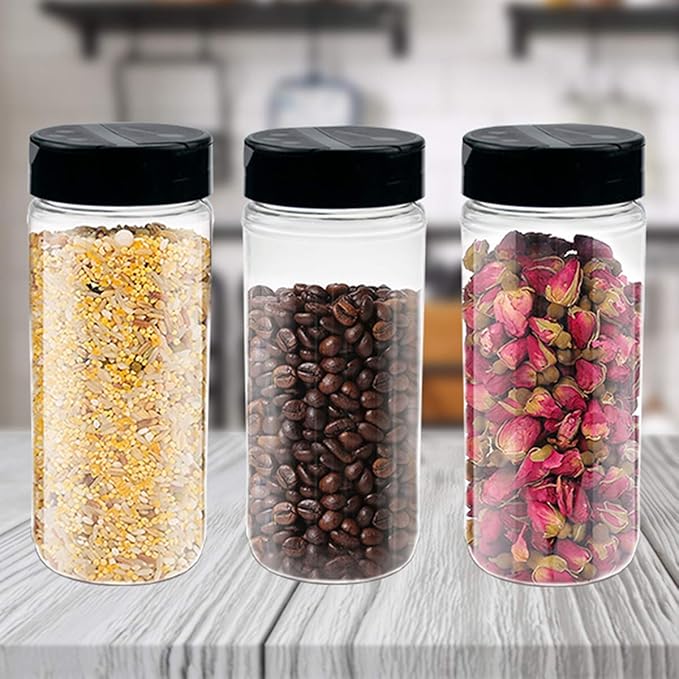 Foraineam 16 Pack 15 oz Plastic Spice Jars Containers Bottles with Black Flip Cap To Pour Or Sifter Shaker, Perfect for Storing Spice, Powders and Herbs