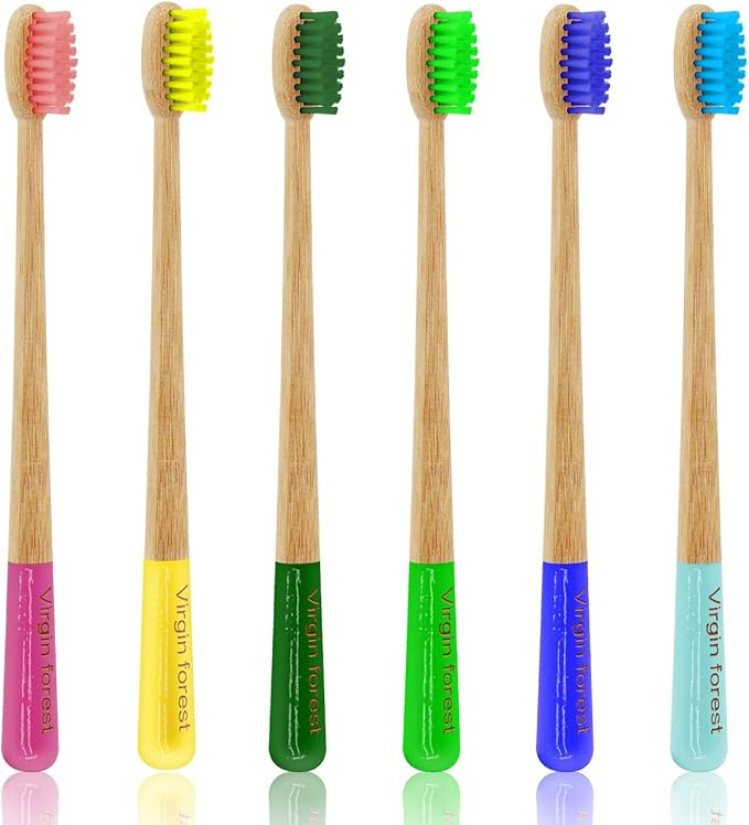 Virgin Forest Bamboo Toothbrush, Natural Eco Friendly Biodegradable Wood Toothbrushes, Vegan Organic Charcoal Tooth Brush, Pack of 6