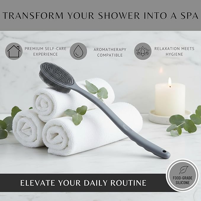 Long Handle Back Scrubber for Shower - 19 inch Extended Reach Silicone Body Brush - Avilana Bath Scrubber Extended Reach Tool - Easy Grip Body Wash Brush Gift