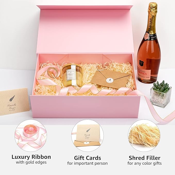 LIFELUM Gift Boxes for Presents, Extra Large Gift Box 2 Pack 13.85 x 8.35 x 4.45 inch with Magnetic Lid Pink Gift Box With Ribbon, Card, Shredded Paper Filler