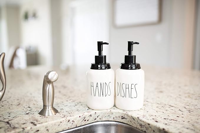 Modern Farmhouse Ceramic Dishes and Hands Soap Dispenser Set for Kitchen | Stainless Steel Pumps | 14oz, White Bottles | Kitchen Décor for Counter