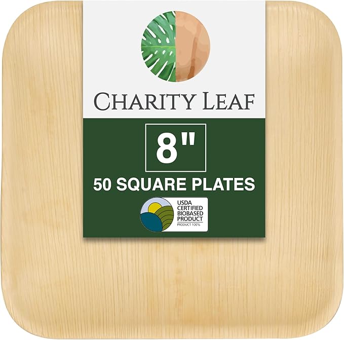 Charity Leaf 8" Square Palm Leaf Plates (50-pack) | Eco-friendly, Heavy Duty | For Parties, Weddings, BBQs & Catering