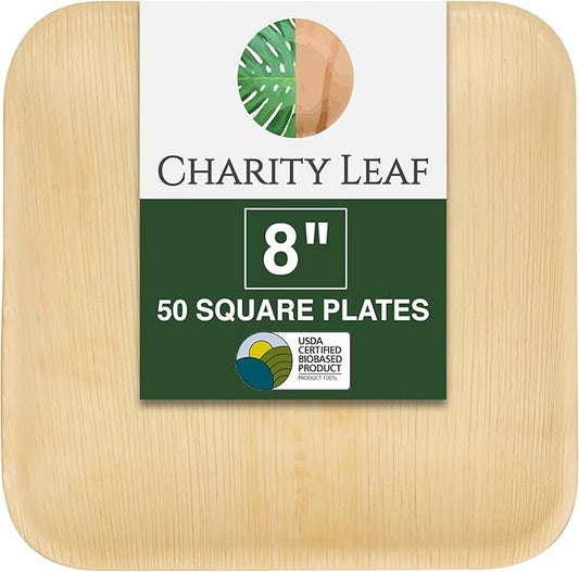 Charity Leaf 8" Square Palm Leaf Plates (50-pack) | Eco-friendly, Heavy Duty | For Parties, Weddings, BBQs & Catering