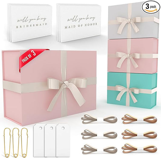 Gift Box Set - Bridesmaids Gifts for Wedding (3 Pack - Blush Pink), All Occasions, Bridesmaid Proposal, Magnetic Boxes With Lids, Big Set For Bridal, 13.5 x 9 x 4.5 inches, Pink GiftBox