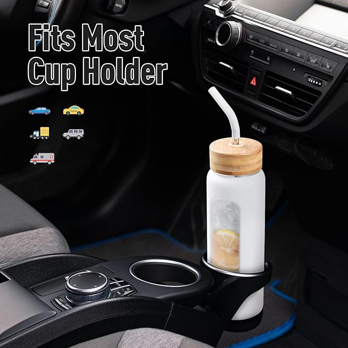 24oz Glass Water Bottle with Straw and 2 Lids-Bamboo and Spout Lid, Borosilicate Glass Water Bottle with Silicone Sleeve and Time Marker,BPA Free & Cupholder Friendly,White