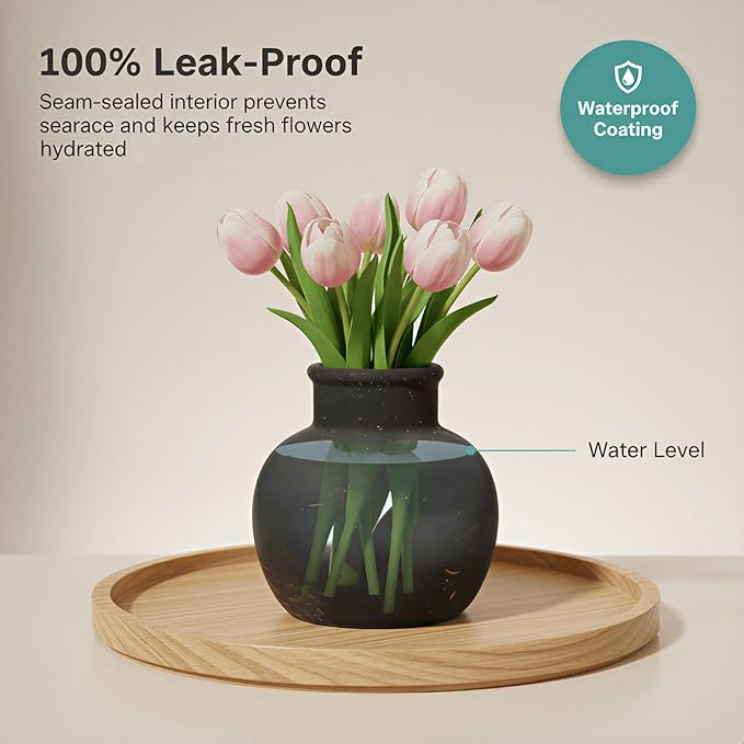 Ceramic Flower Vase, 5.5-Inch Black Pottery Rustic Farmhouse Boho Vase, Handcrafted Decorative Vase for Home Decor, Centerpieces, Table, Living Room, Mantel, Shelf