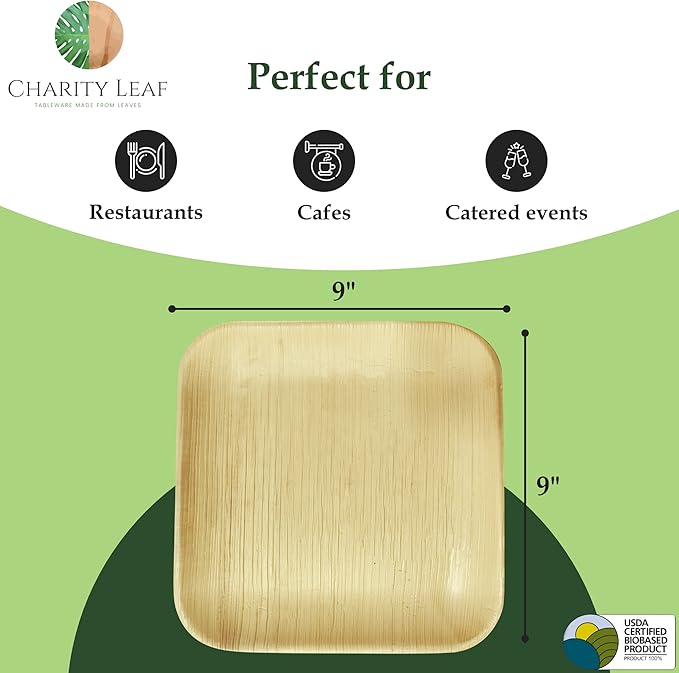 Charity Leaf Disposable Palm Leaf 9" Square Plates (200 pieces) Bamboo Like Serving Platters, Disposable Boards, Eco-Friendly Dinnerware For Weddings, Catering, Events