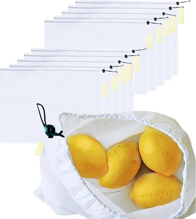 purifyou Set of 10 Reusable Mesh Produce Bags - Heavy Duty, Washable Farmers Market and Storage for Fruits, Vegetables, Groceries, Kitchen, and Home (Small)