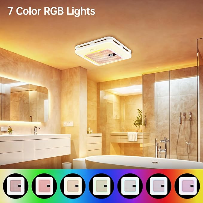 Bathroom Exhaust Fan with Bluetooth Speaker, 230 CFM 1.0 Sone Bathroom Exhaust Fan with Light, 3 Dynamic Light, 7 LED Color, 3 Color Temperatures, Nightlight,Remote, Easy Install