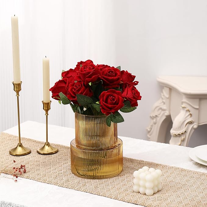 Amber Glass Vase, Ribbed Glass Vase for Tulips, Flower Vases for Bouquet, Amber Modern Vases for Living Room, Dining Table, Entryway, Mantle, Shelf, Wedding, Office, 7.5 Inches