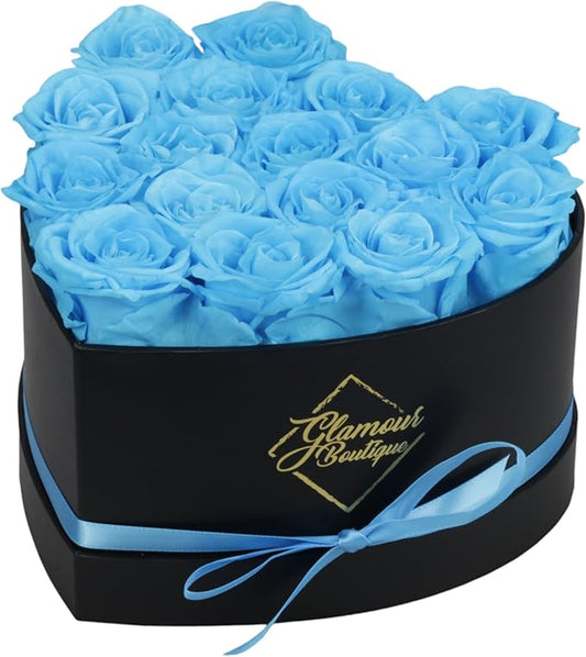 GLAMOUR BOUTIQUE 16 Flower Forever Heart Shape Box - Preserved Roses Gift for Her, Preserved Flowers, Teal