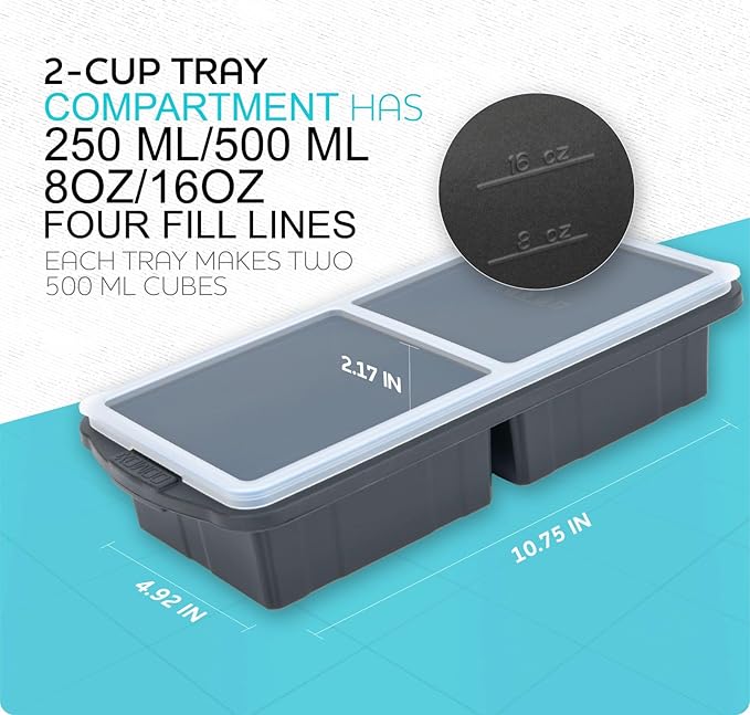 Silicone Freezer Tray With Lid-Soup Freezer Container molds-2-cup Extra Large Ice Cube Tray-makes 4 perfect 500ml portions cubes, For freezing soup,stews,sauces.Oven&Dishwasher-Safe(2-Pack)