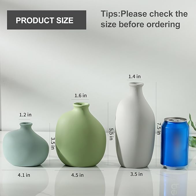 Ceramic Vase Set of 3, Rustic Farmhouse Pottery Vases for Home Decor, Perfect for Pampas Grass, Dried or Fresh Flowers, Ideal for Living Room, Bedroom, Kitchen, Bathroom, Bookshelf, Table Centerpiece.