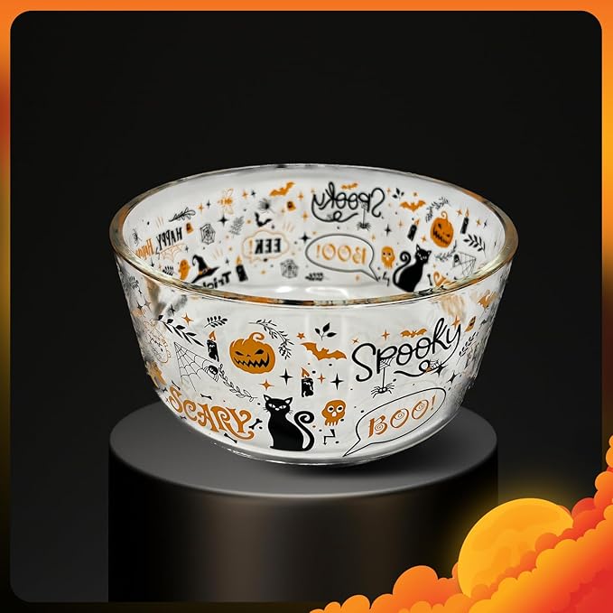 DURA LIVING Halloween Glass Food Storage Containers with Lids | Set of 4 (2 Containers + 2 Lids) 4-Cup | Spooky Design, BPA-Free, Microwave & Dishwasher Safe|Perfect for Meal Prep, Snacks & Leftovers
