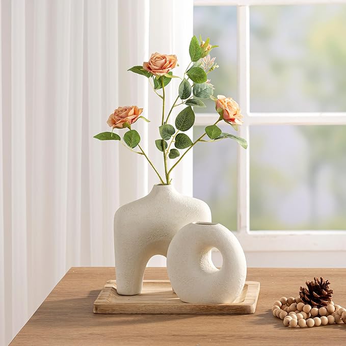 Ceramic Vase Set of 2, Modern Donut Vases for Minimalist Nordic Home Decor, Waterproof Round Vase, Decorative Centerpiece Vases for Living Room, Entryway, Bookshelf, Table Decor (Off White)