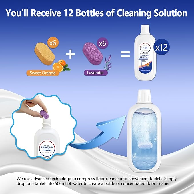 Floor Cleaning Solution, 12PCS Lavender & Sweet Orange Scent Cleaning Tablets Compatible with Tineco Wet/Dry Vacuum, Deep Cleans Low Foam Formula for All Hard Floors