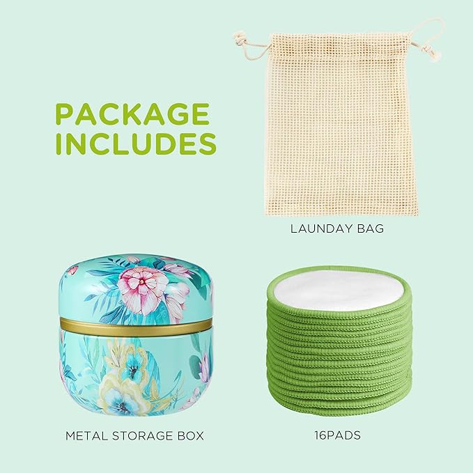 Reusable Makeup Remover Pads - 16 Packs Natural Bamboo Cotton Rounds Eco-Friendly for All Skin Types with Cotton Laundry Bag & Fashionable Metal Box，Green