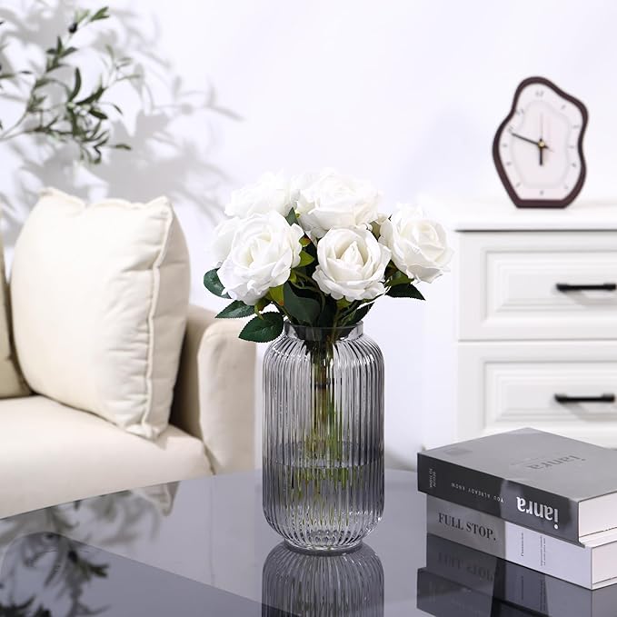 Ribbed Glass Vase, Black Flower Vase for Bouquet, Glass Vases for Flowers, Modern Vases for Living Room, Bedroom, Kitchen, Dining Table, Office, Wedding, 8.6 Inches