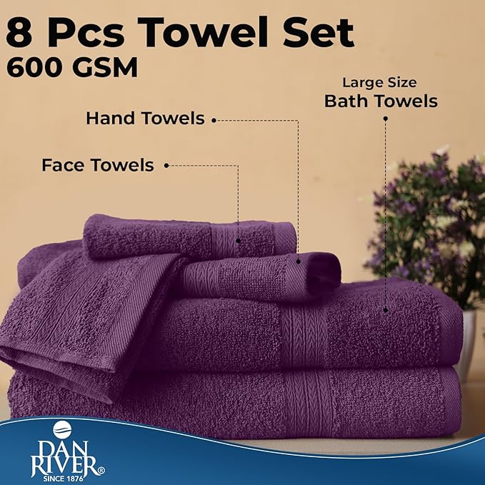 DAN RIVER 8 PC Luxury Bath Towels for Bathroom, 2 Bath, 2 Hand, and 4 Wash Cloths, 600 GSM 100% Ring Spun Cotton Towel Set, Highly Absorbent, Gym, Hotel, and Spa, Purple