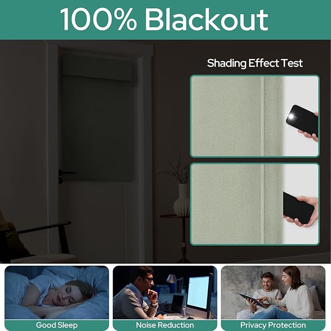 HOMEIDEAS 100% Sage Green Linen Blackout French Door Curtains, Privacy Door Window Curtains, 34 X 40 Inch Room Darkening Blinds, Thermal Insulated Shades for Bedroom, 1 Panel