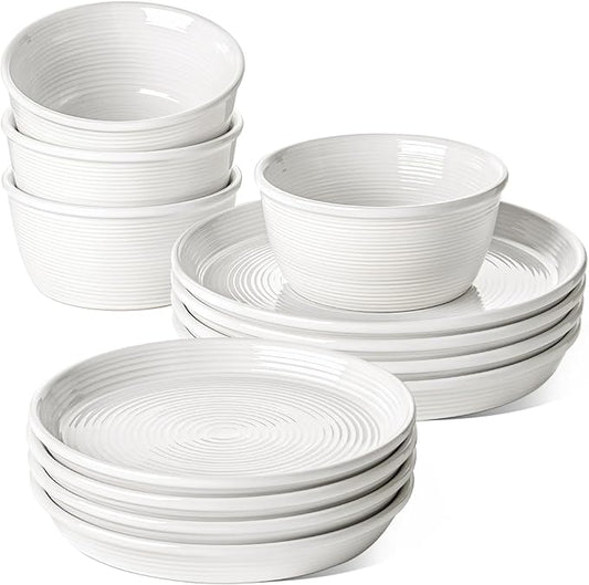 LE TAUCI Dishes Set for 4, Stoneware Plates and Bowls Set, Farmhouse Ceramic Dinnerware Set, Microwave & Dishwasher Safe, Stackable,12-Piece (10" Dinner+8" Salad Plates+6" Bowls), White